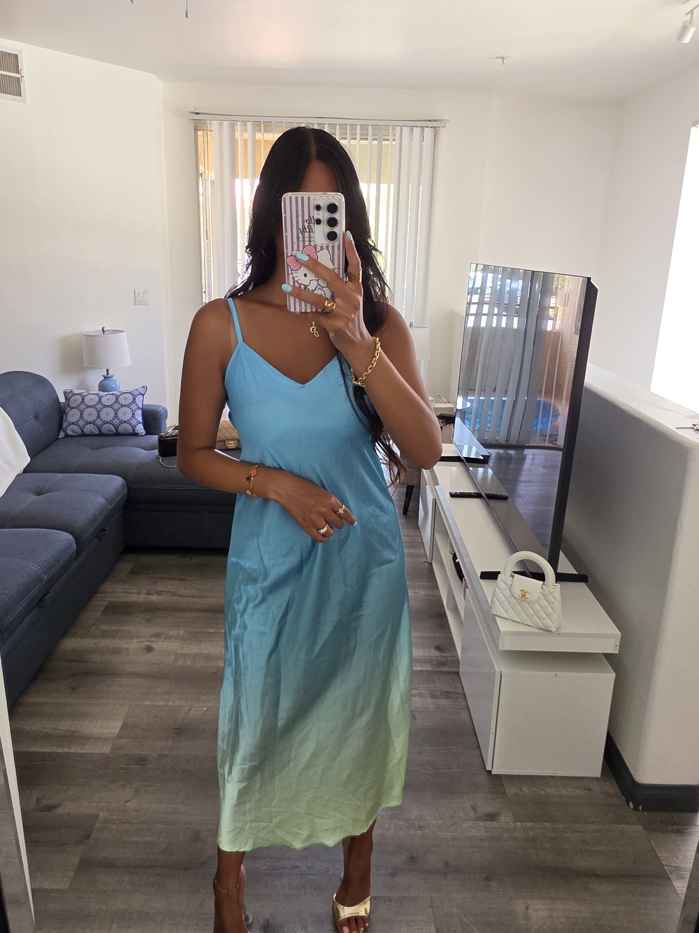 Women's Blue to Light Green Ombre Slip Dress Satin